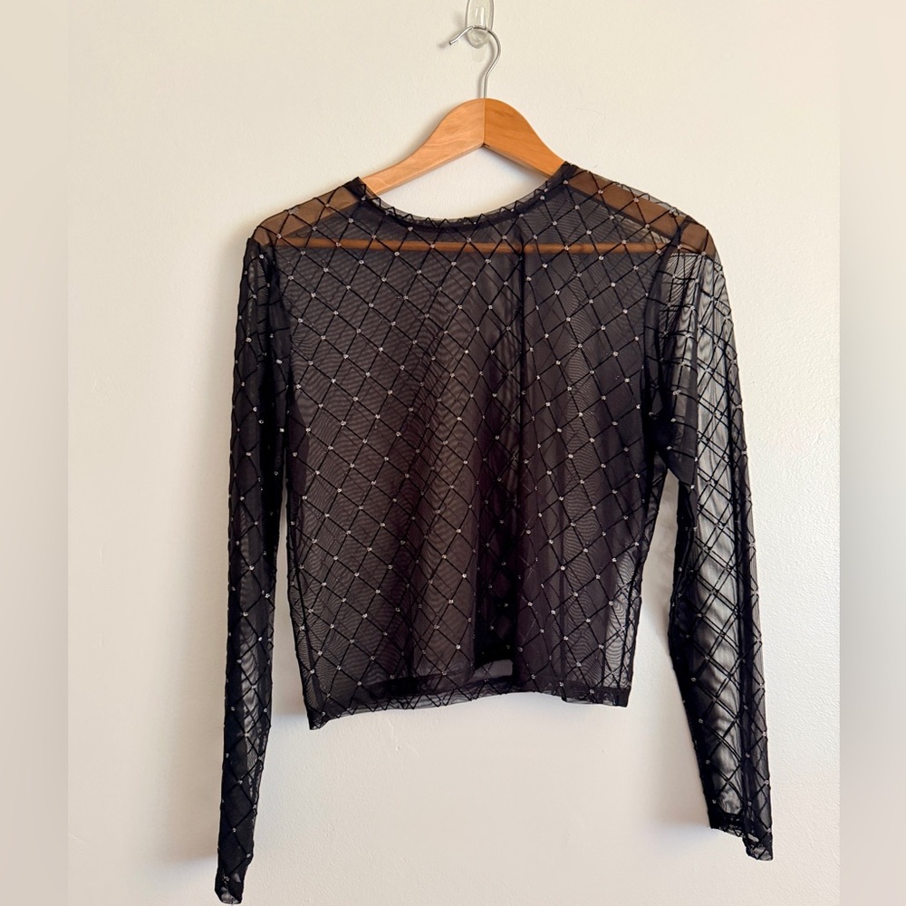 Sheer Black Embellished Long Sleeve Top